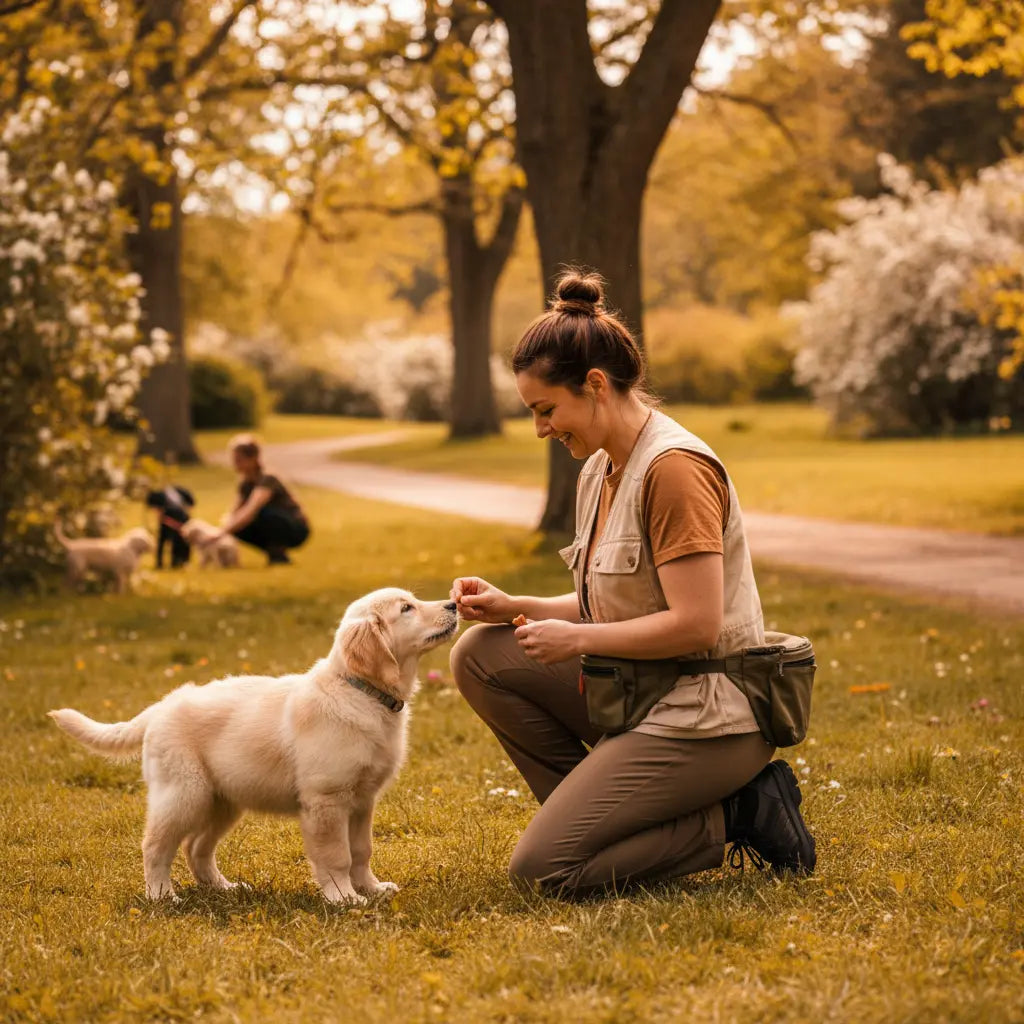 Dog trainer rewarding a puppy with treats from a waist pouch bag during outdoor training