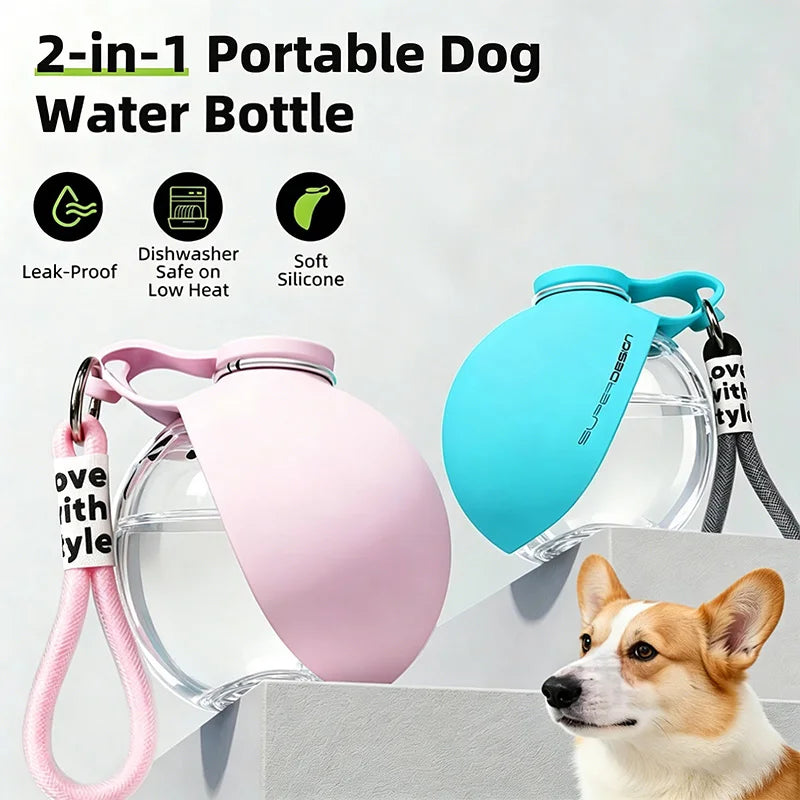 2-in-1 Portable Dog Water Bottle — Foldable Silicone Bowl with Lanyard Hook for Travel