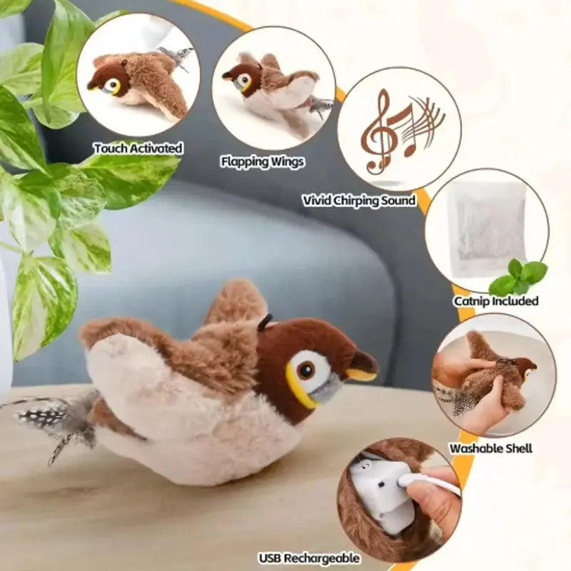 Touch-Activated Chirping Bird Cat Toy — Rechargeable Interactive Plush Pet Toy for Cats & Dogs YiHong Kuchi Store