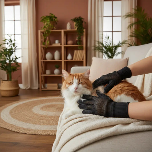 Black mesh pet grooming gloves being used to brush a fluffy cat in a cozy home