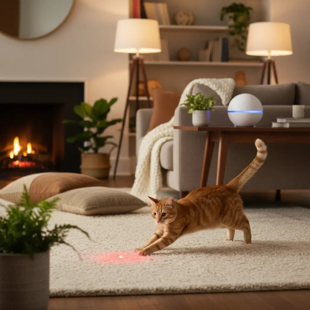 Cat chasing a red LED laser dot on a cozy living room floor with smart electronic toy nearby
