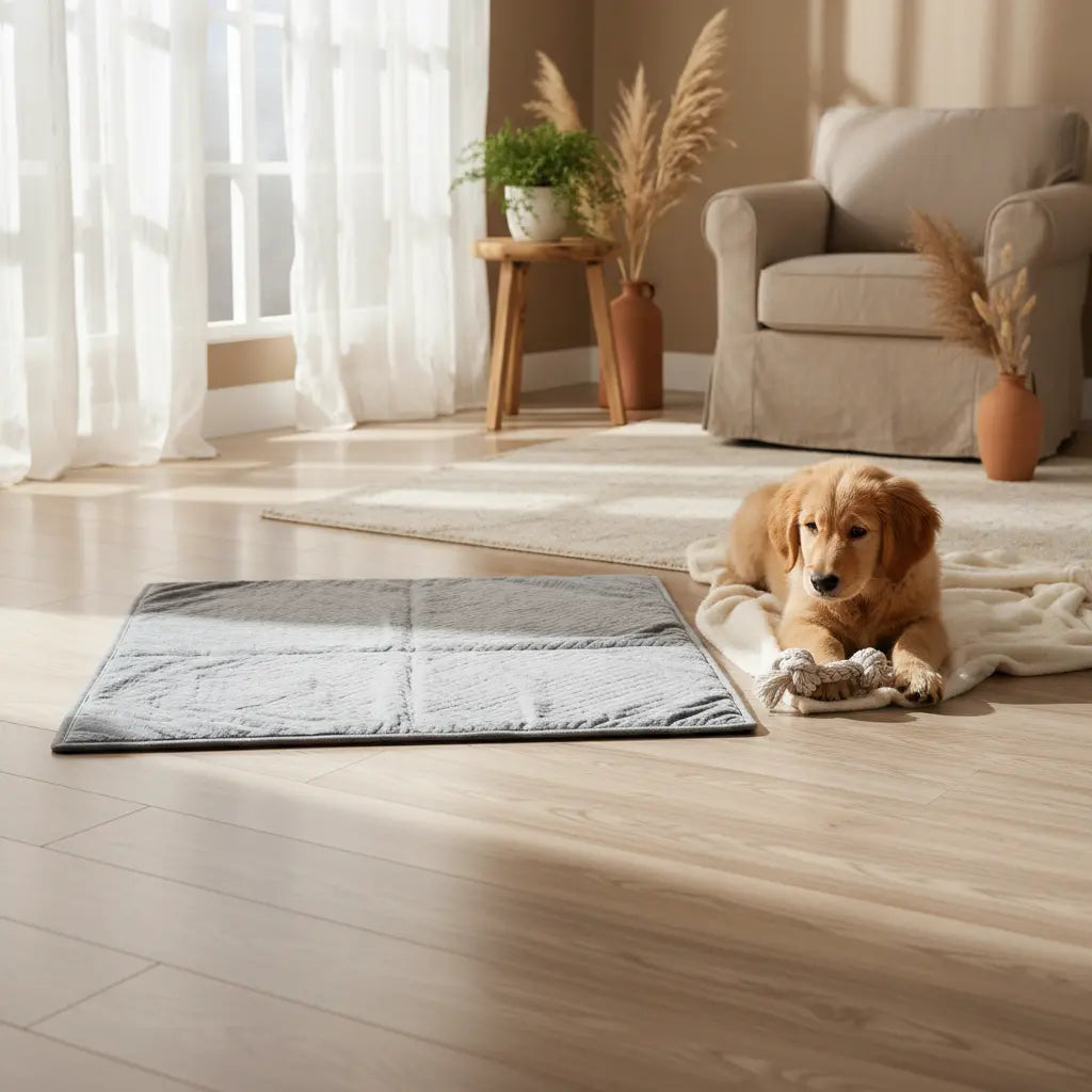 Reusable washable dog pee pad on a clean hardwood floor with a puppy nearby