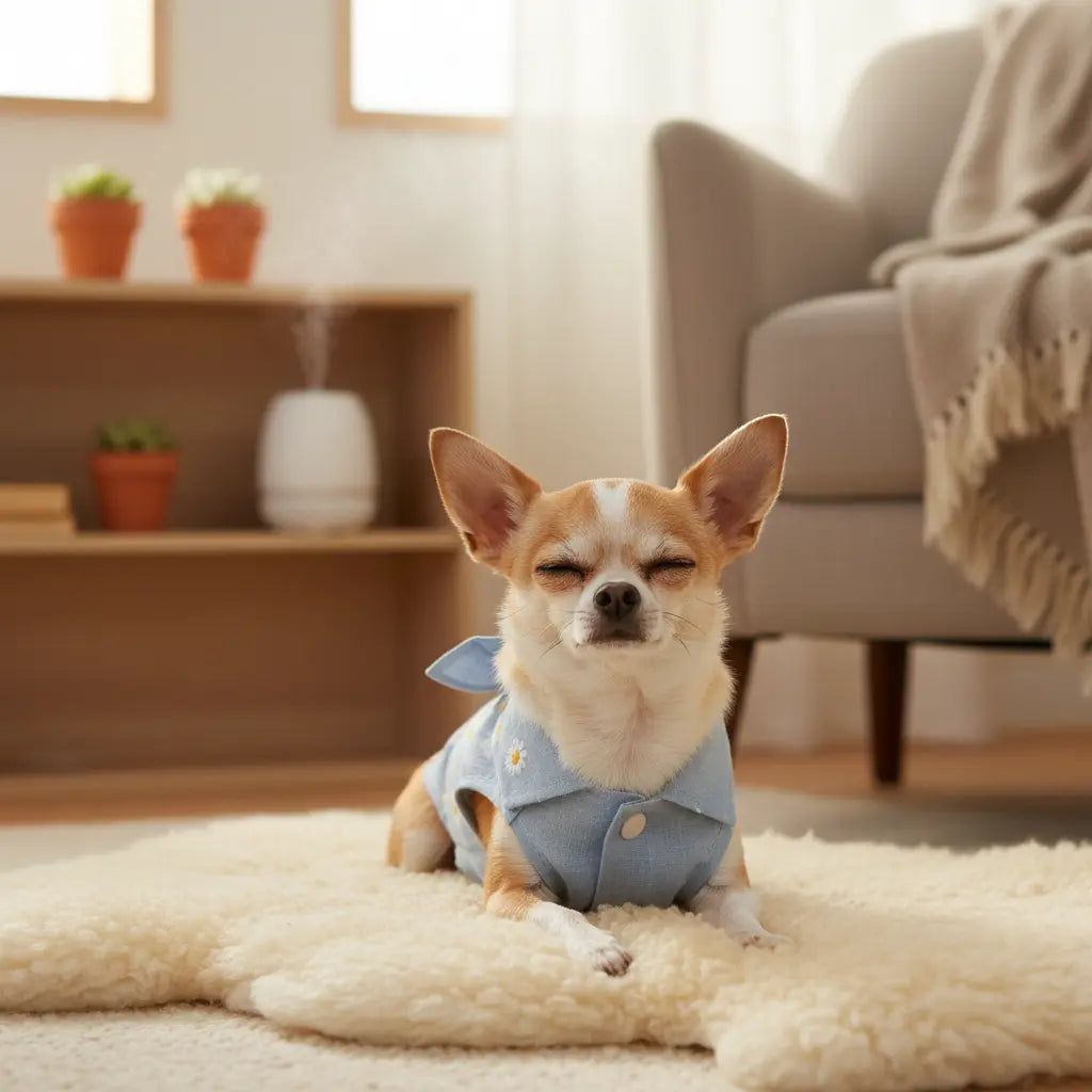 Chihuahua wearing a cute lightweight summer vest in a cozy home setting