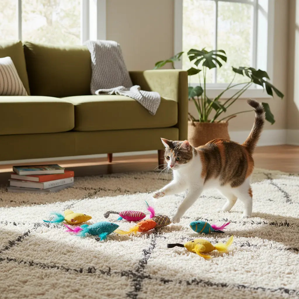 Playful cat batting at colorful catnip plush toys on a cozy rug