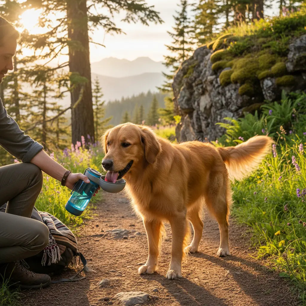 Person offering water to a happy dog from a portable water bottle on a hiking trail