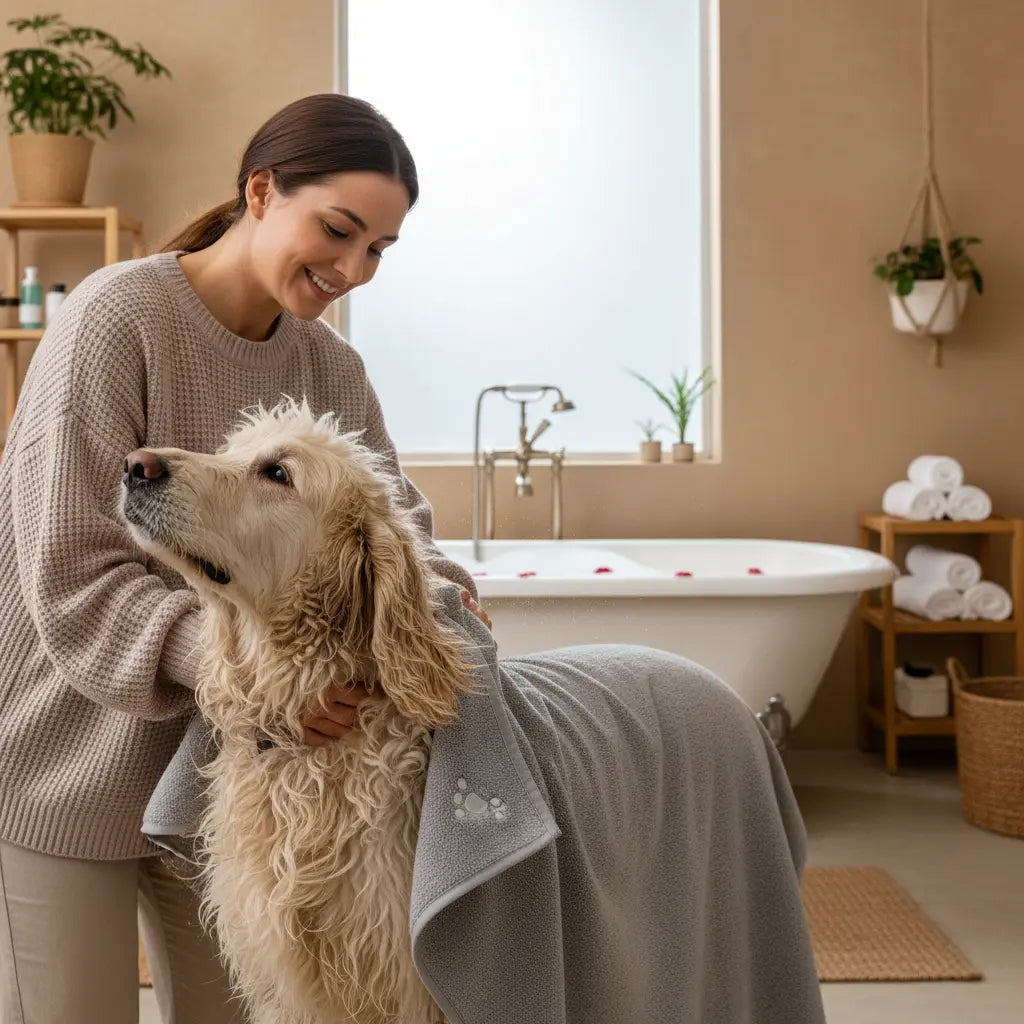 Super absorbent pet bath towel being used to dry a fluffy dog after a bath